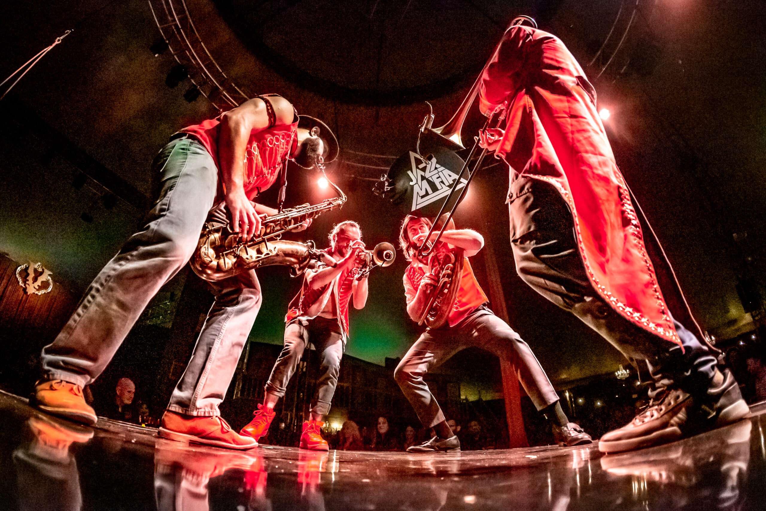 Image of Jazz Mafia performing at Vau de Vire's The Soiled Dove dinner theater Under the Tortona Big Top in Downtown Oakland